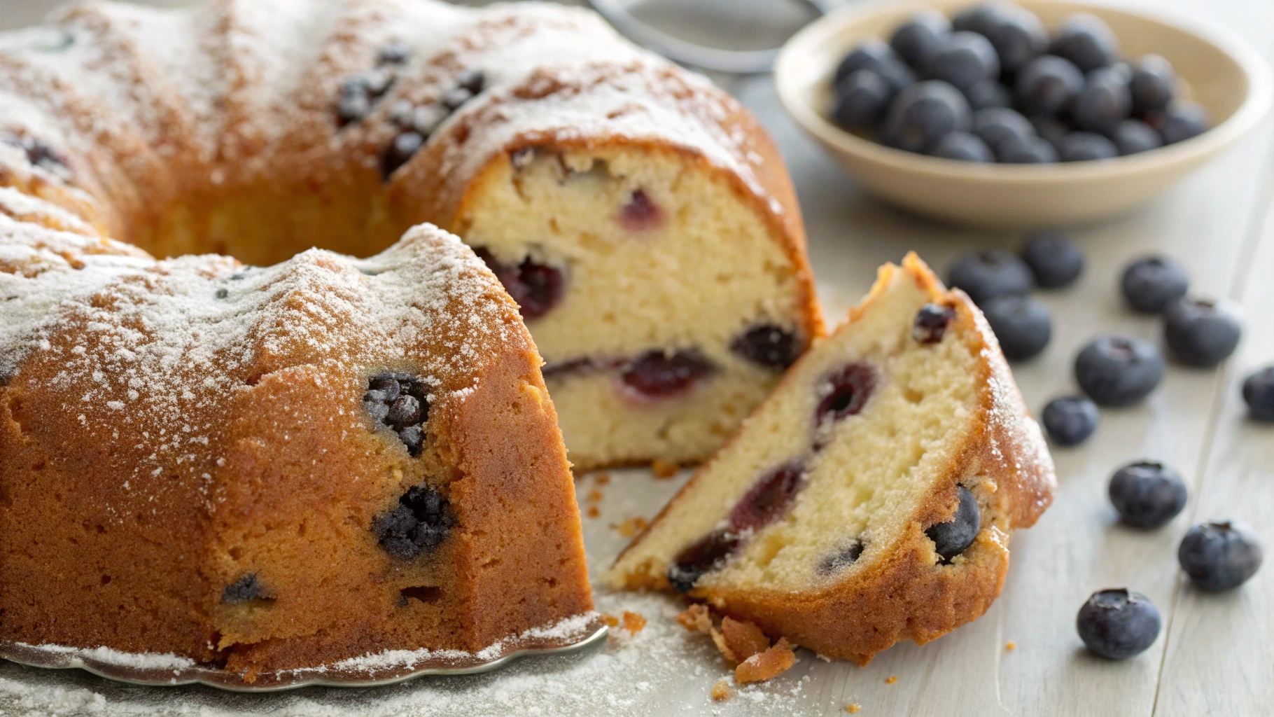 "Freshly baked Old Fashioned Blueberry Pound Cake with blueberries and a soft crumb, showcasing a golden brown exterior and a moist interior."