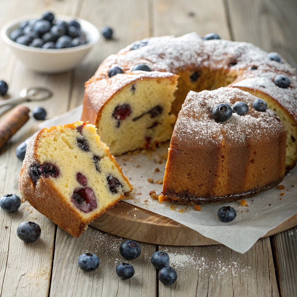 A freshly baked Old Fashioned Blueberry Pound Cake with a golden crust, sliced to reveal juicy blueberries inside, dusted with powdered sugar.