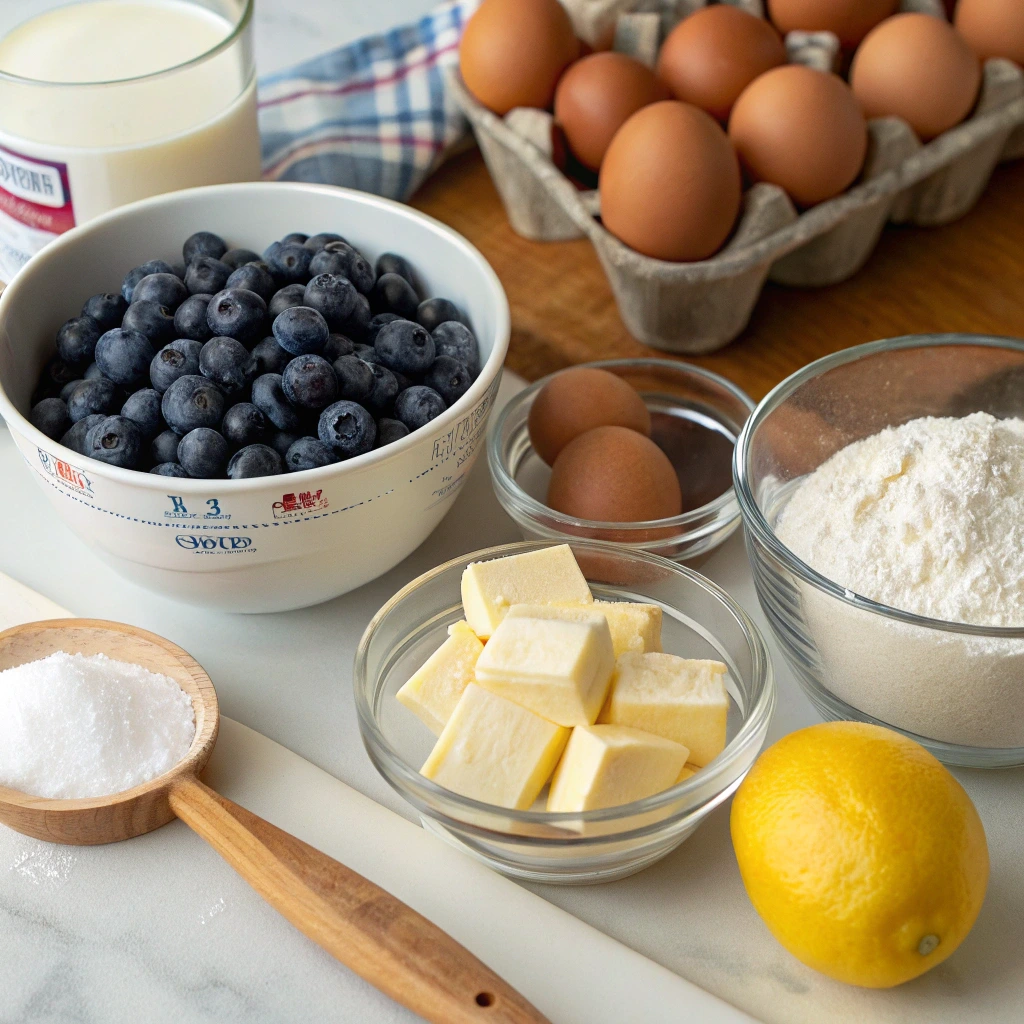 Fresh blueberries, softened butter, eggs, flour, sugar, and lemon zest arranged on a kitchen countertop for making Old Fashioned Blueberry Pound Cake.

