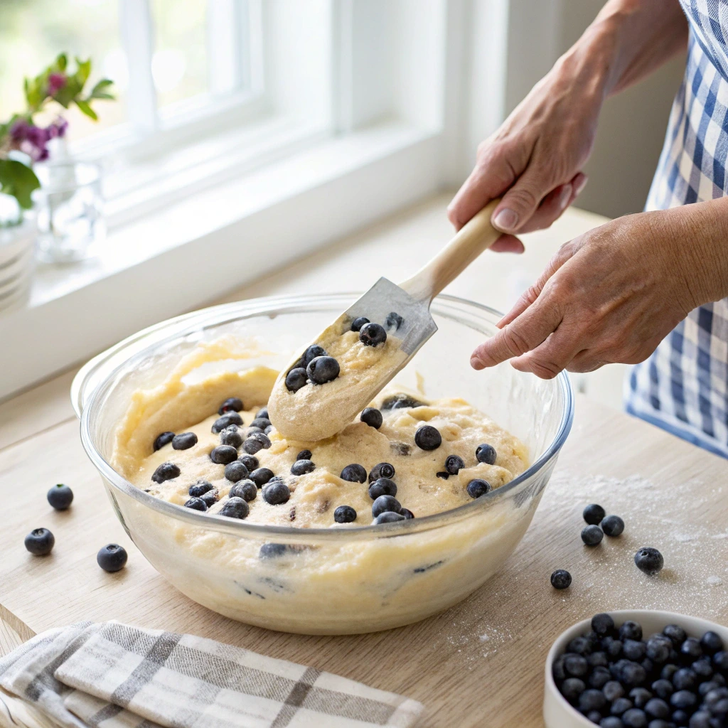 A baker folding floured blueberries into a thick pound cake batter using a spatula in a mixing bowl.

