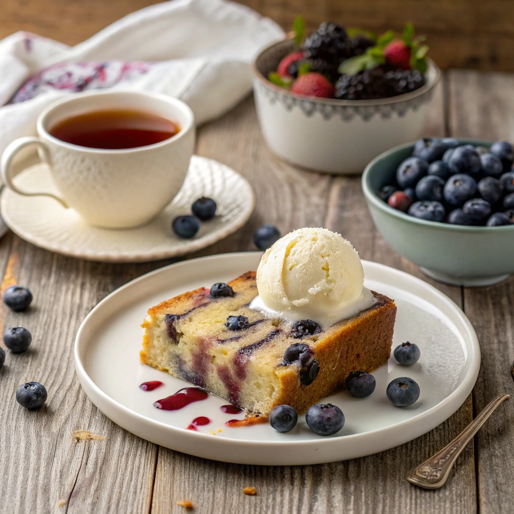 A slice of Old Fashioned Blueberry Pound Cake served with vanilla ice cream and a cup of tea on a rustic wooden table.