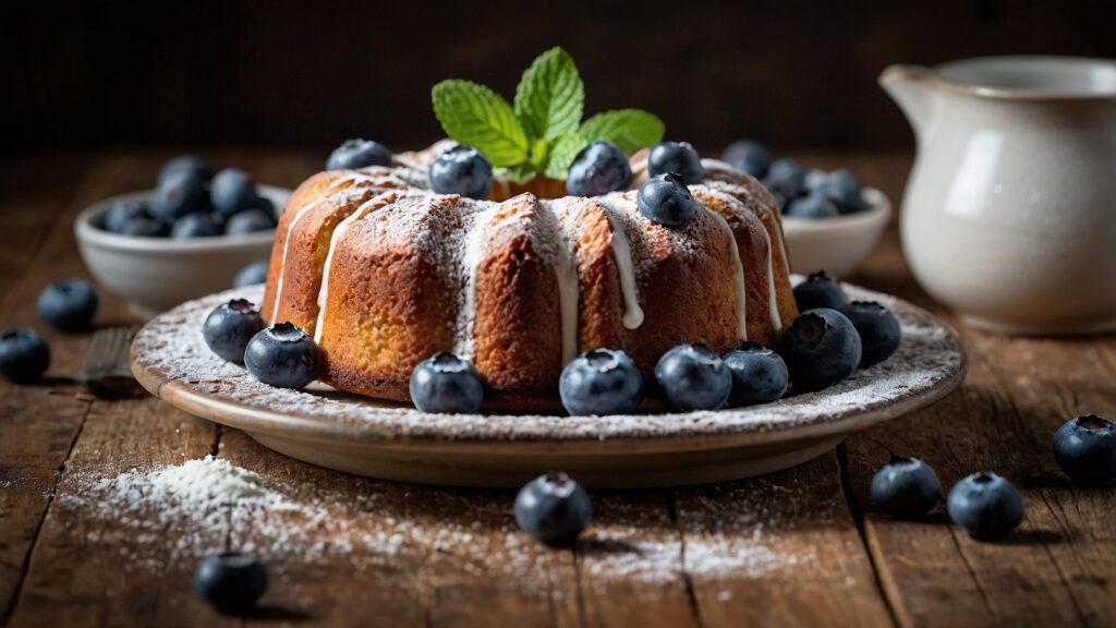"Freshly baked Blueberry Pound Cake slice with blueberries and steaming tea on wooden table"