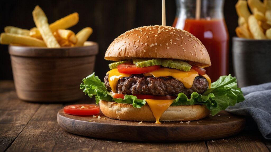 "Juicy gourmet burger with melted cheese, fresh vegetables, and crispy fries, showcasing the best burger experience."