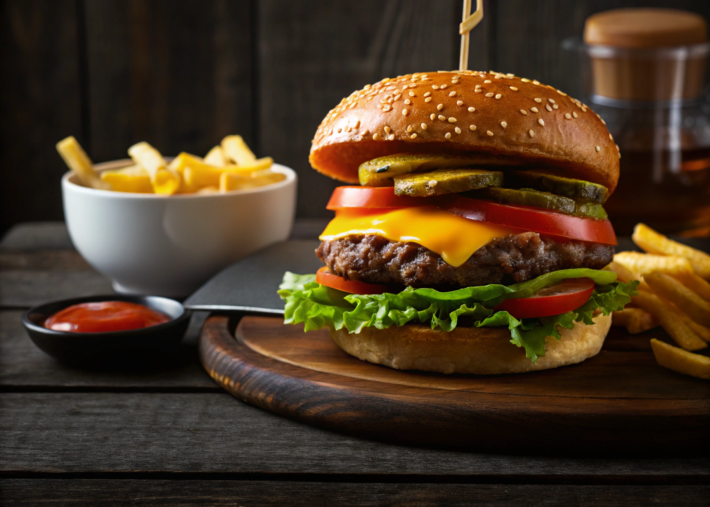 Classic cheeseburger with fresh toppings and a sesame bun.