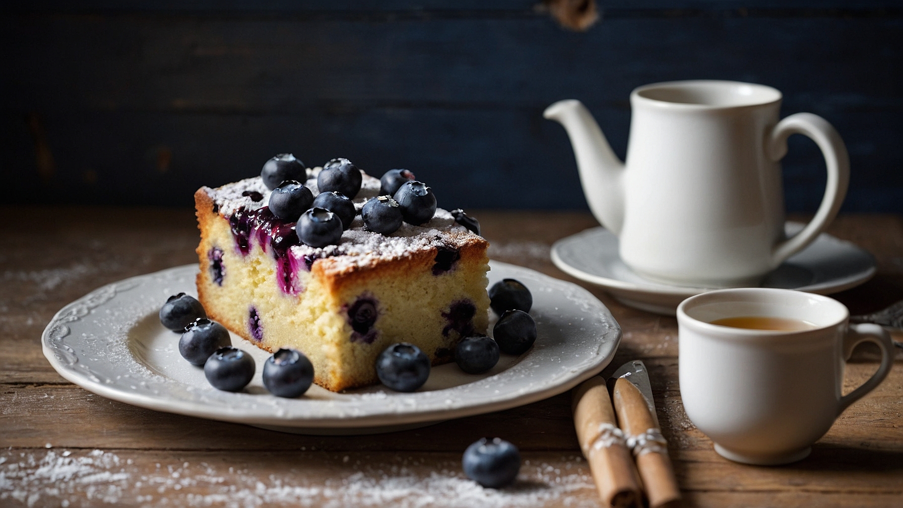 "Moist Blueberry Pound Cake with blueberries inside, golden-brown and freshly baked on a rustic wooden table"