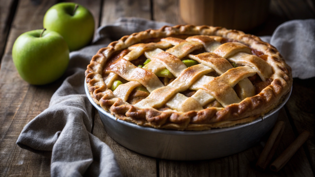A beautifully baked apple pie with a decorative red bow crust.