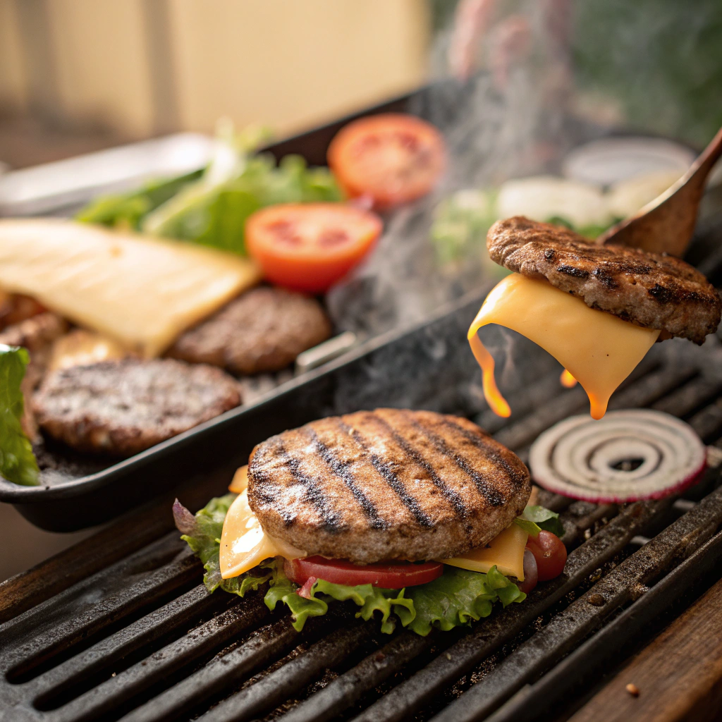 "Burger patty sizzling on the grill, part of the recipe for making the best hamburgers near me."