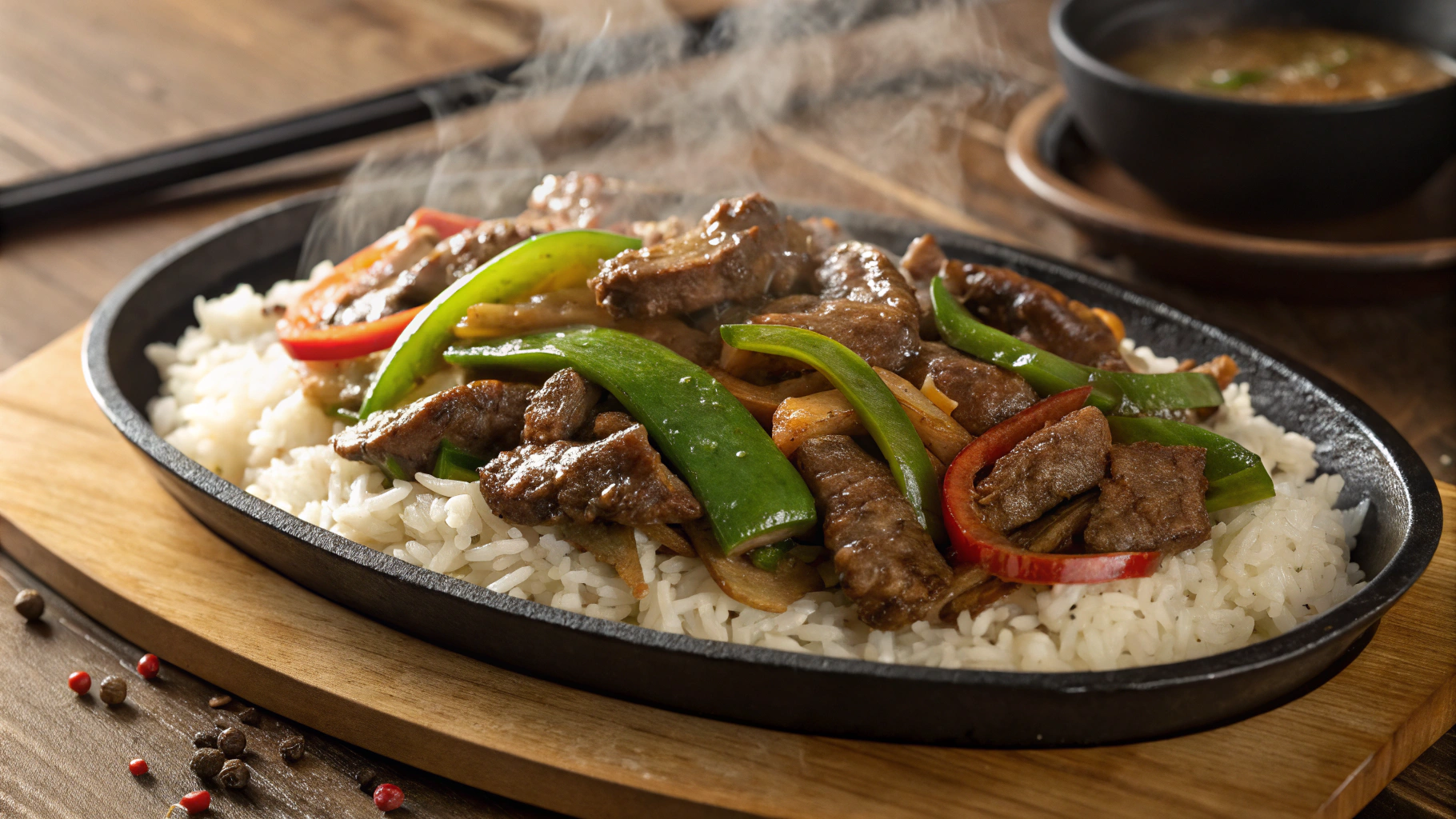 "Perfect Pepper Lunch recipe with sizzling beef pepper rice served on a wooden table, showcasing tender beef, vibrant green peppers, and glossy rice."