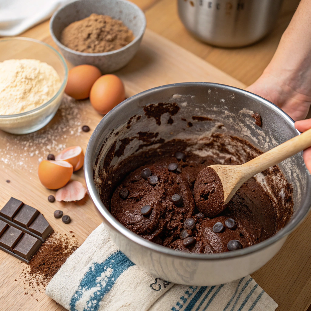  "Mixing protein brownies batter with chocolate chips and healthy ingredients like almond flour and cocoa powder."