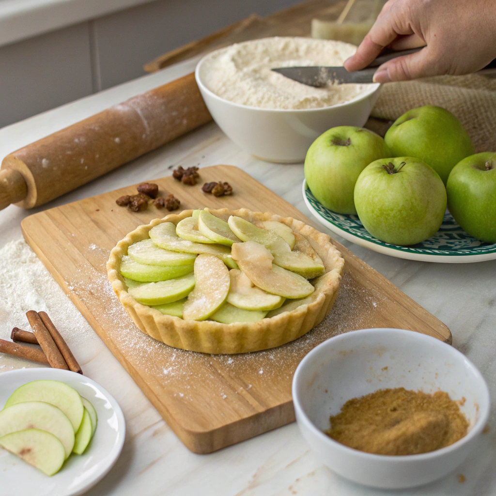 Preparing ingredients for Red Bow Apple Pie, including apples, flour, sugar, and butter.