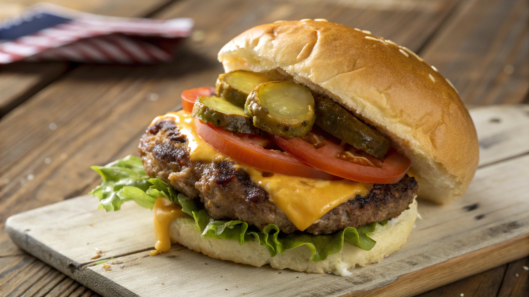 Juicy hamburger with melted cheddar cheese, lettuce, tomato, and pickles on a toasted bun – perfect for finding good hamburgers near me.