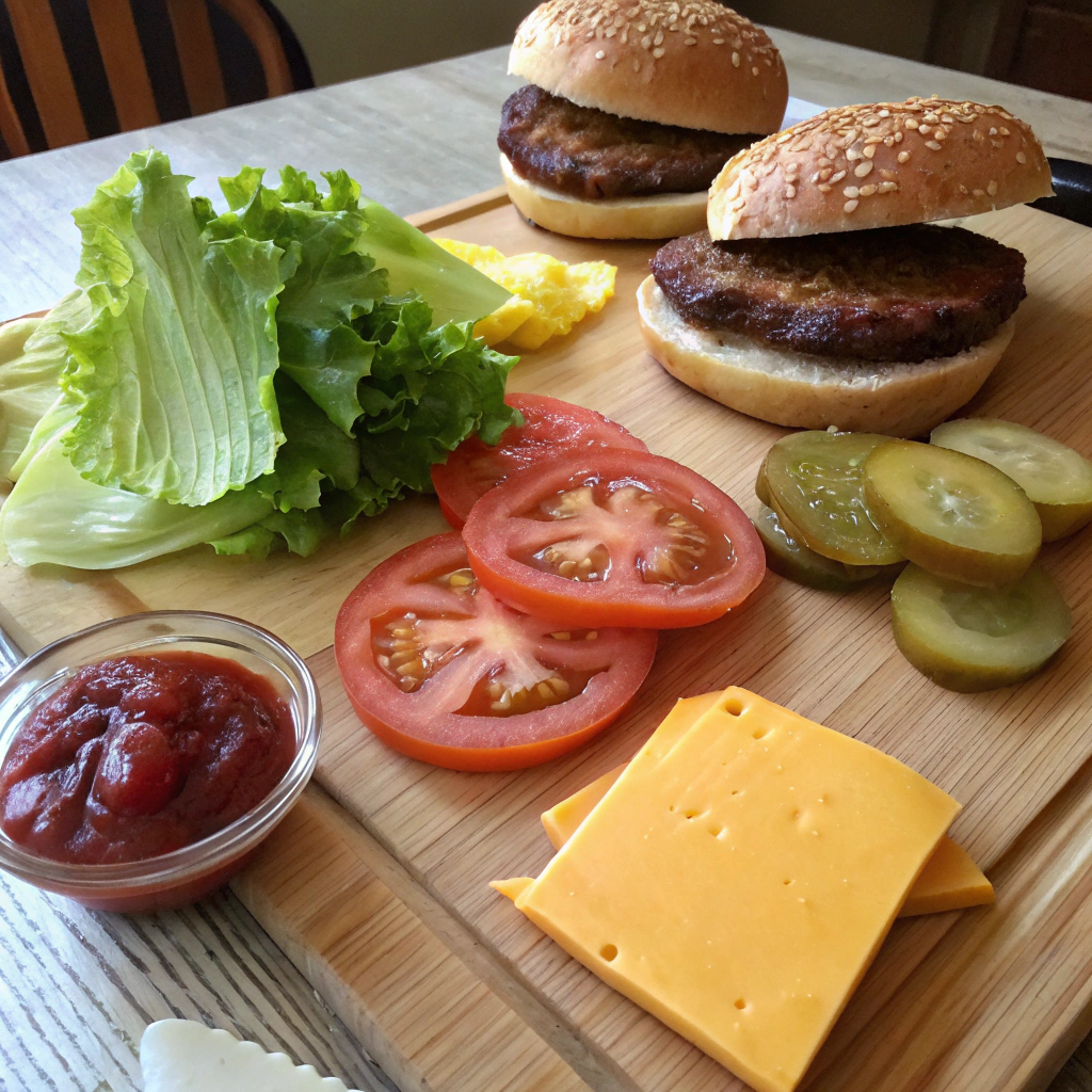 "Fresh ingredients for a hamburger: ground beef patties, lettuce, tomato, pickles, cheese slices, and toasted buns."