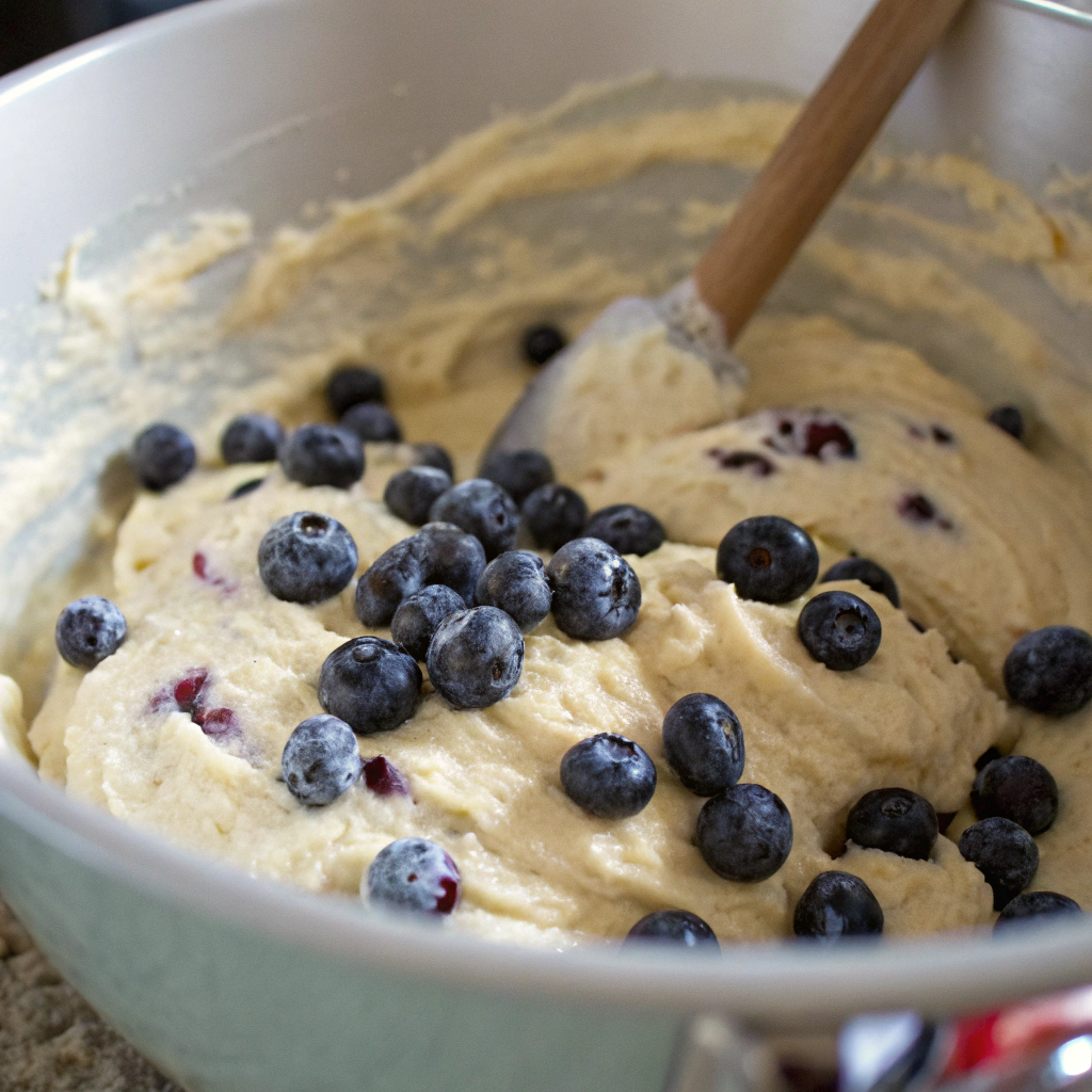 "Thick Moist Blueberry Pound Cake batter with blueberries mixed in, ready to be baked"

