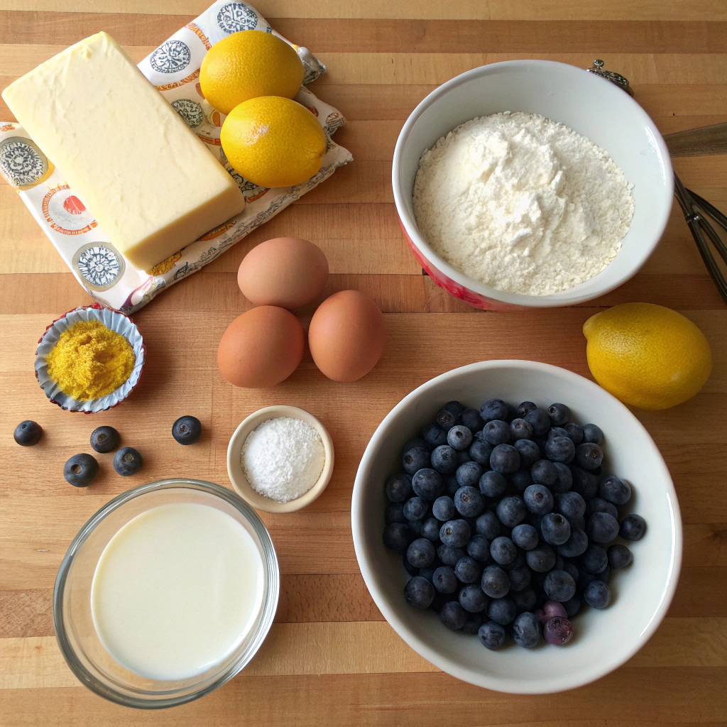 "Ingredients for Lemon Blueberry Pound Cake, including blueberries, lemon zest, butter, flour, and eggs, arranged on a rustic wooden countertop."

