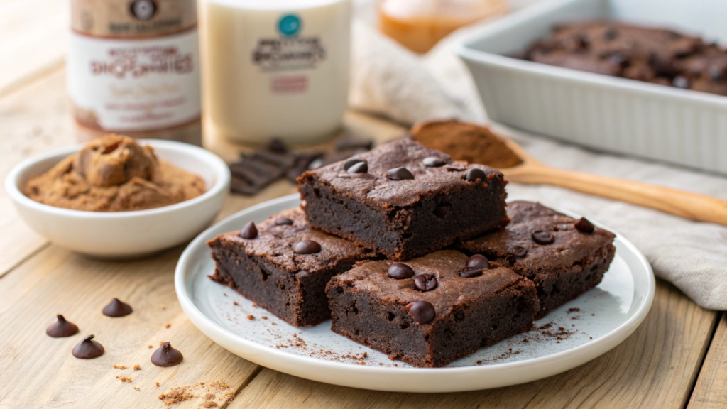 "Freshly baked protein brownies with chocolate chips on a white plate, showcasing a healthy dessert option."