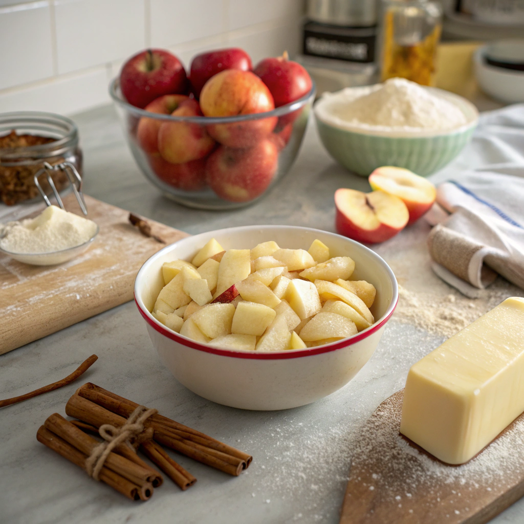 Ingredients for HK Red Bow Apple Pie arranged on a kitchen counter, including sliced apples, cinnamon, sugar, and butter.