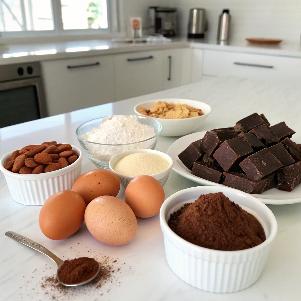 The key ingredients for Prime Bites Protein Brownies: almond flour, protein powder, cocoa, eggs, and stevia arranged on a kitchen counter.