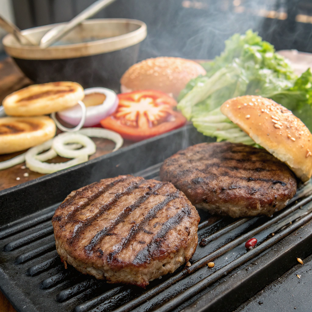 Grilling beef patties for a perfect burger with fresh vegetables and buns"
Title: "Grilling the Perfect Beef Patties