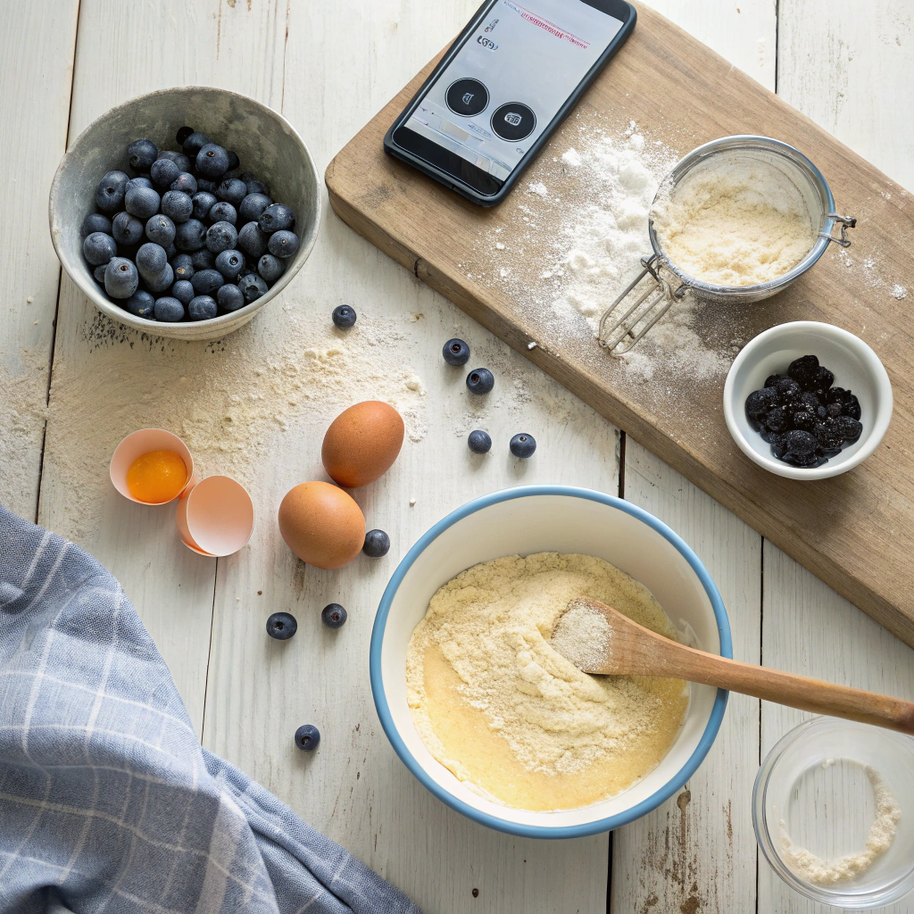 Blueberry Pound Cake Recipe ingredients arranged on a rustic wooden counter, with batter, flour, and fresh blueberries

