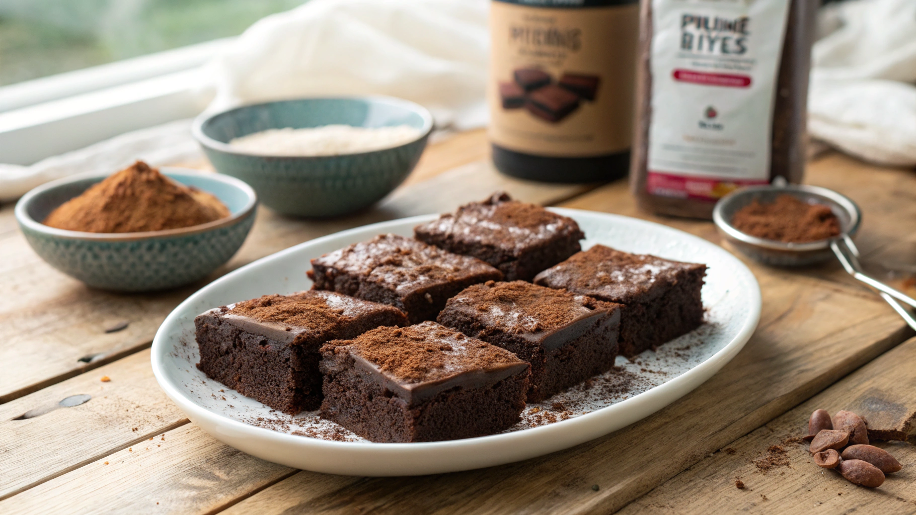 Prime Bites Protein Brownies served on a rustic wooden plate, showcasing a rich, chocolatey texture and topped with cacao powder.