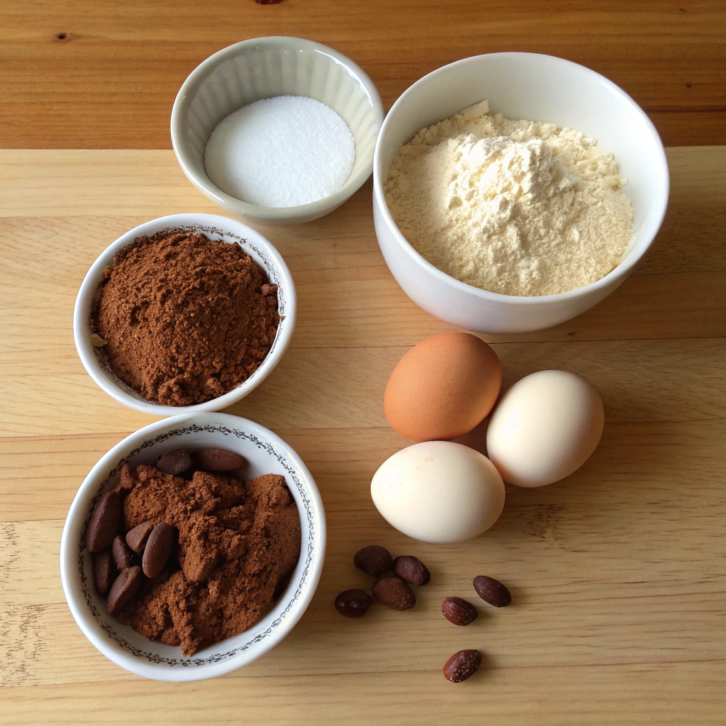  Ingredients for Prime Bites Protein Brownies, including almond flour, whey protein powder, and cacao powder arranged on a kitchen counter.