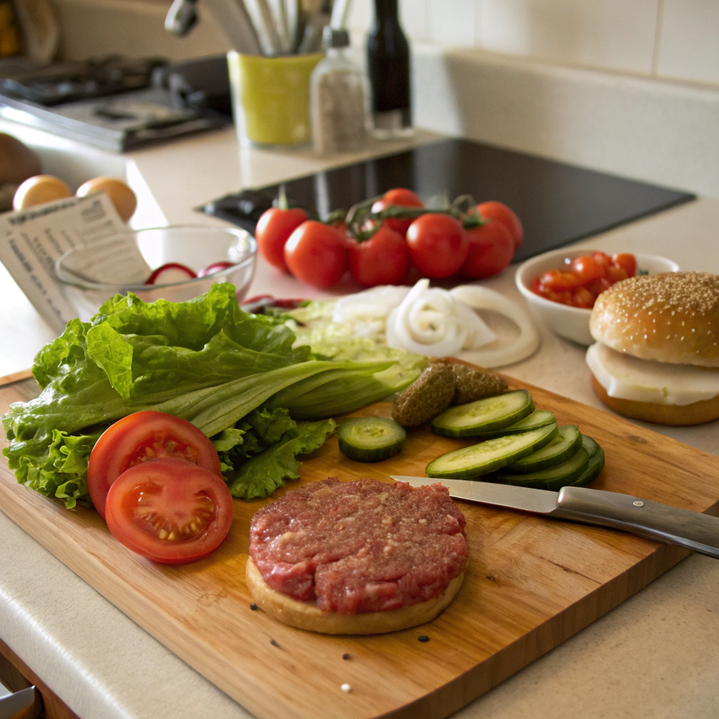 Fresh ingredients for a classic burger, including tomatoes, lettuce, pickles, onions, and raw beef, preparing for a recipe inspired by the oldest burger places.