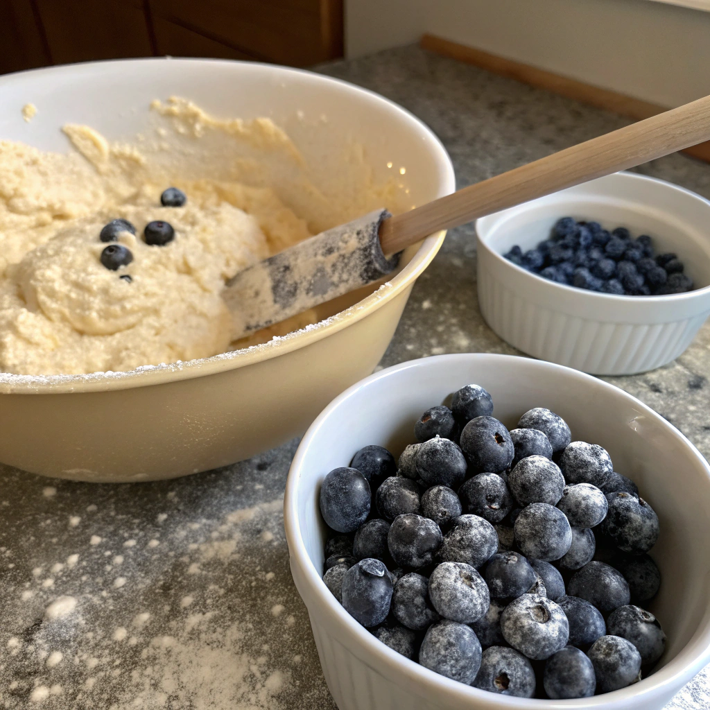 "Blueberries tossed in flour ready to be folded into the thick batter of Old Fashioned Blueberry Pound Cake."

