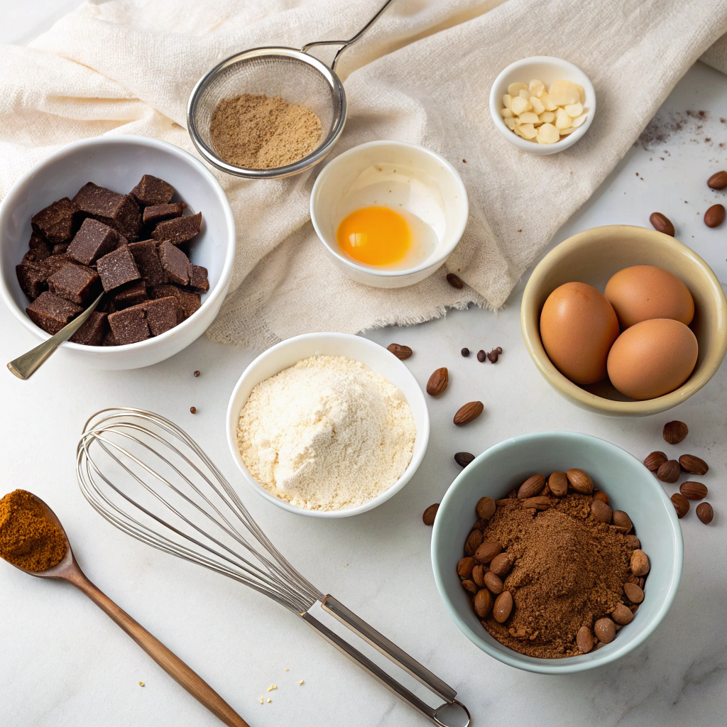 "Ingredients for Prime Bites Protein Brownies laid out on a kitchen counter, including almond flour, cocoa powder, protein powder, and honey."