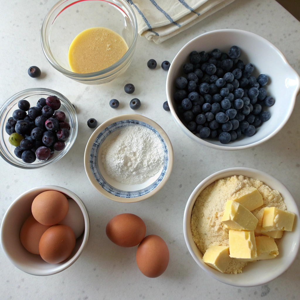 "Ingredients for Blueberry Pound Cake including fresh blueberries, flour, butter, and eggs"