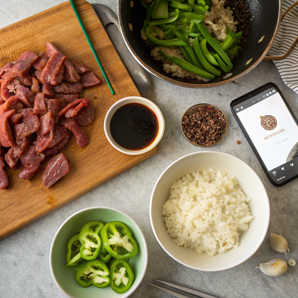 "Raw ingredients for the Perfect Pepper Lunch recipe including beef strips, cooked rice, green peppers, and seasonings ready for cooking."

