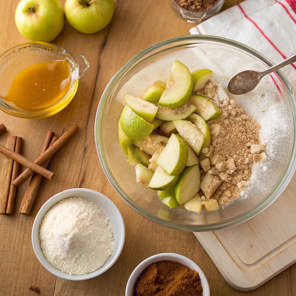 Fresh Granny Smith apples mixed with sugar, cinnamon, and nutmeg for a delicious Red Bow Apple Pie filling.