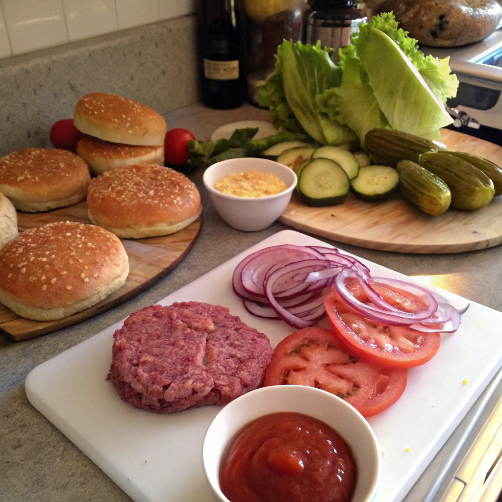 "Fresh ingredients ready to make the best burger: beef patties, lettuce, tomato, pickles, and buns."

