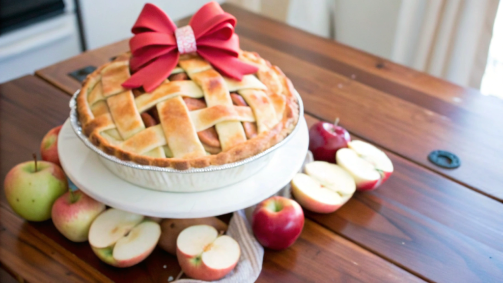 Golden-brown HK Red Bow Apple Pie with lattice crust on a rustic wooden table, surrounded by fresh apples and cinnamon sticks.