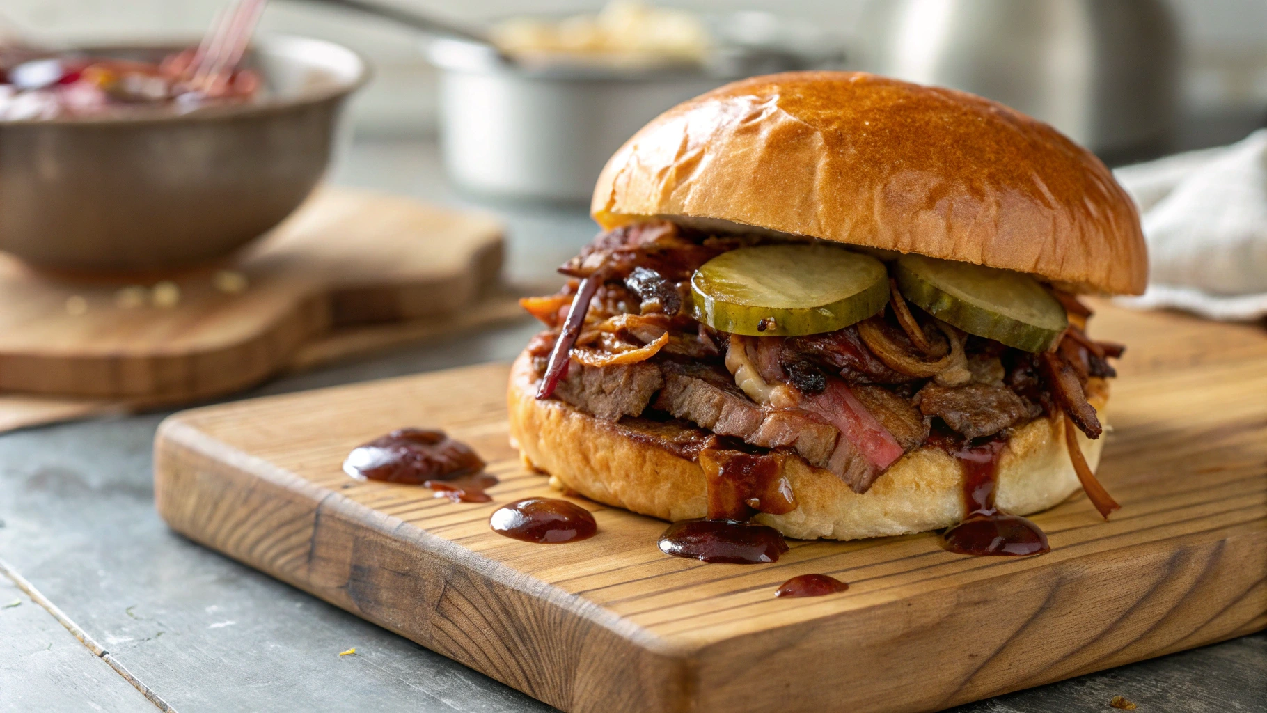 "Delicious Brisket Sandwich with tender slow-cooked beef, pickles, caramelized onions, and BBQ sauce on a toasted brioche bun."