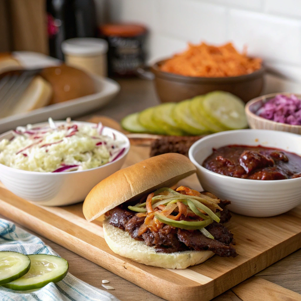 "Variety of fresh toppings for Brisket Sandwich: coleslaw, pickles, caramelized onions, and BBQ sauce."

