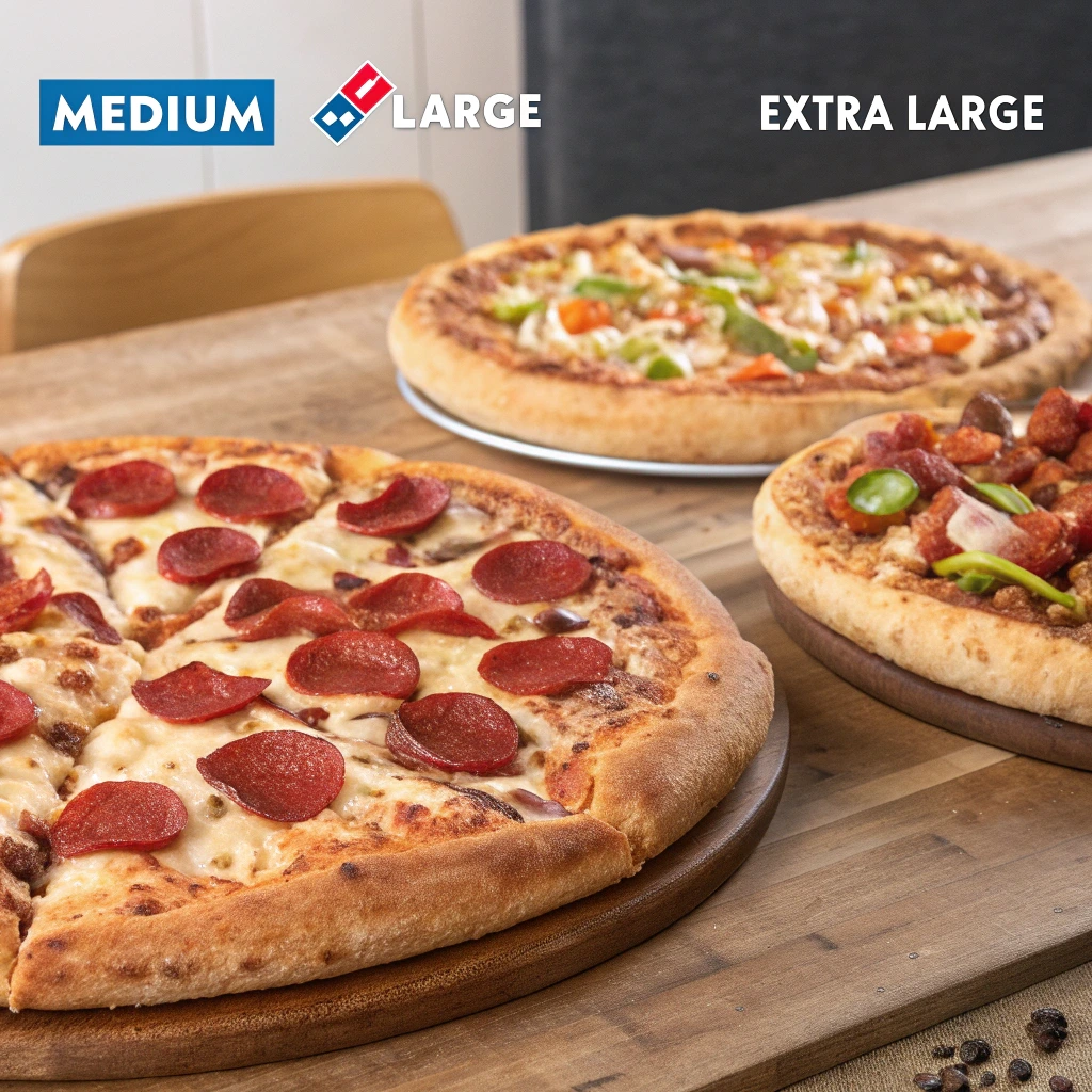 Comparison of Domino's New York-style pizza in medium, large, and extra large sizes.