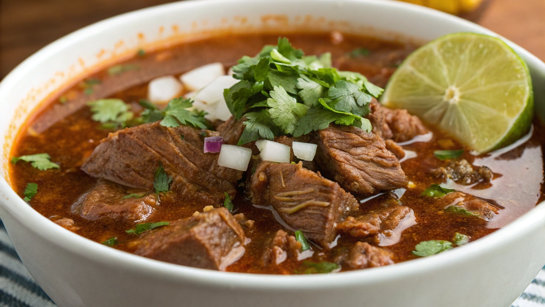 Beef Birria in a rich spiced broth with cilantro and lime garnish.