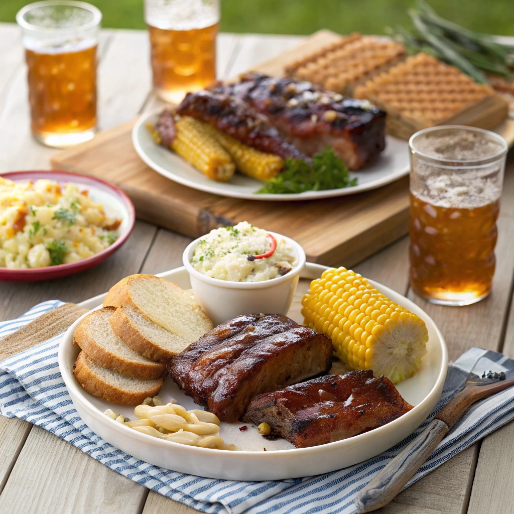 Fully plated barbecue beef ribs with cornbread, potato salad, coleslaw, grilled corn, and refreshing drinks on a festive table.