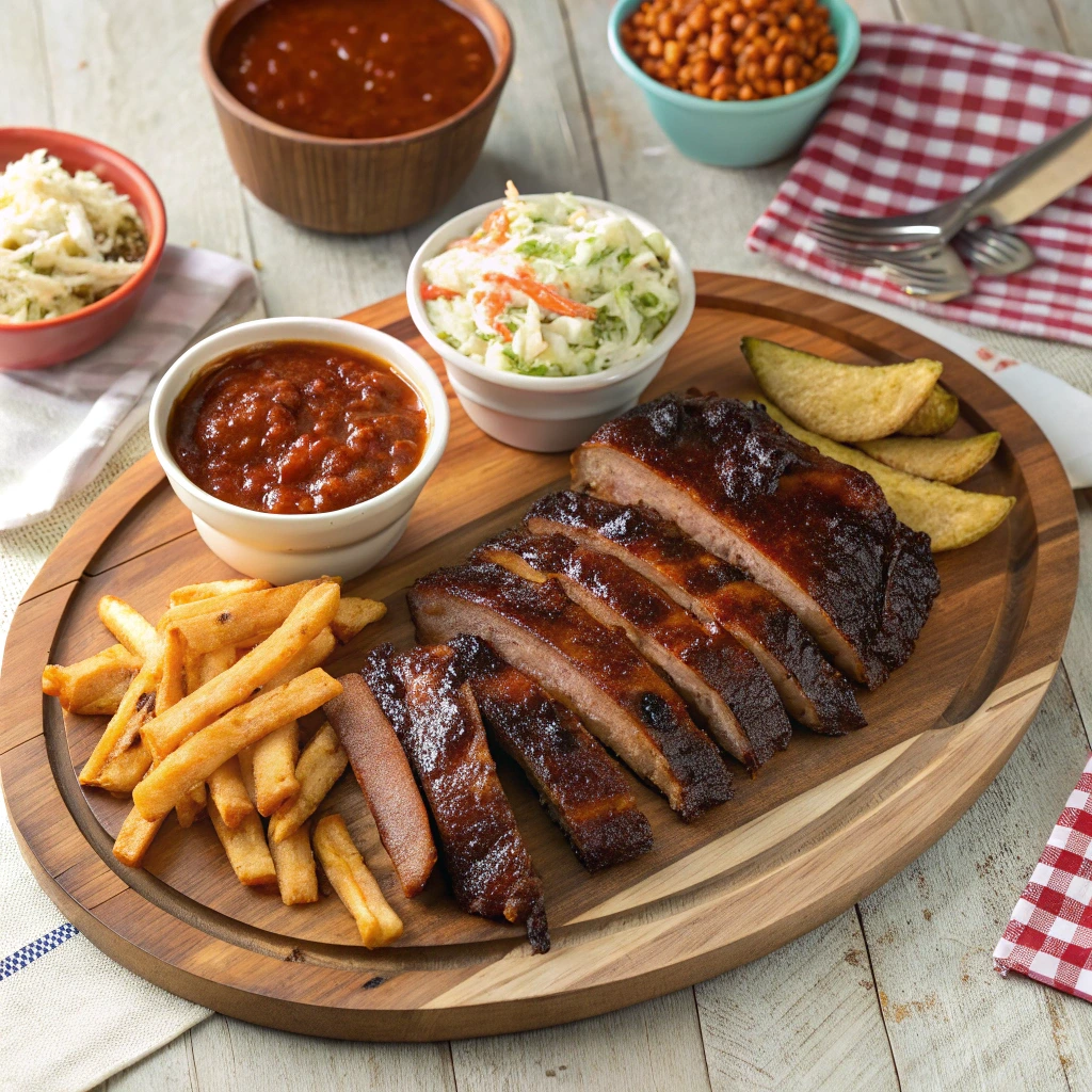 barbecue ribs sides, including cornbread, coleslaw, and grilled vegetables, served on a rustic wooden table for a perfect cookout meal.