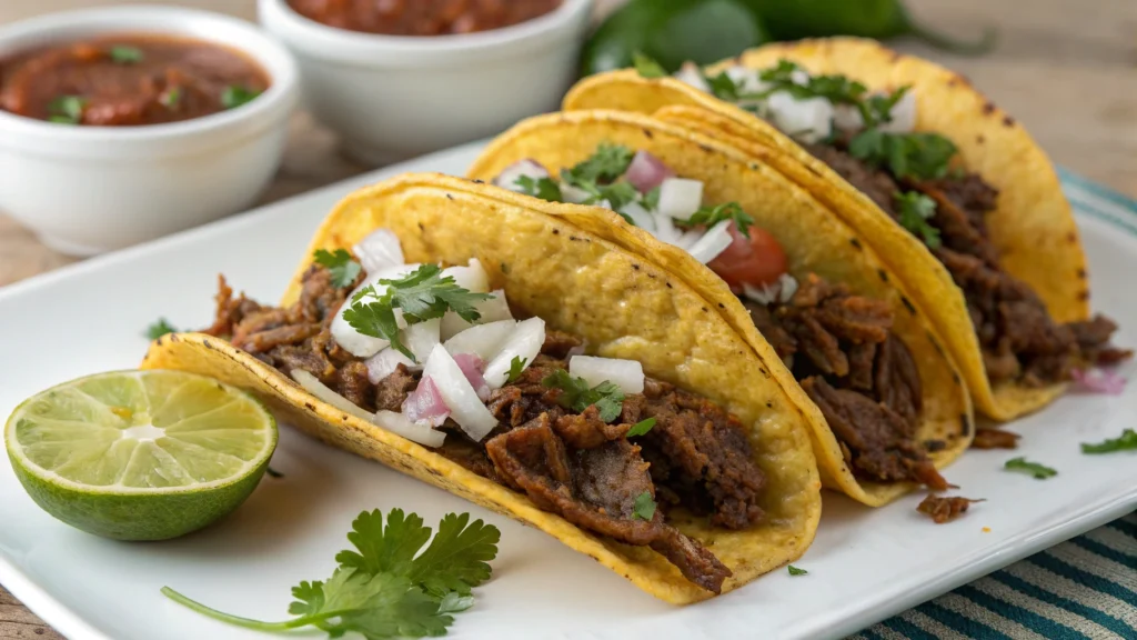 "Crispy birria tacos with tender slow-cooked meat, onions, cilantro, lime, and consomé broth for dipping."