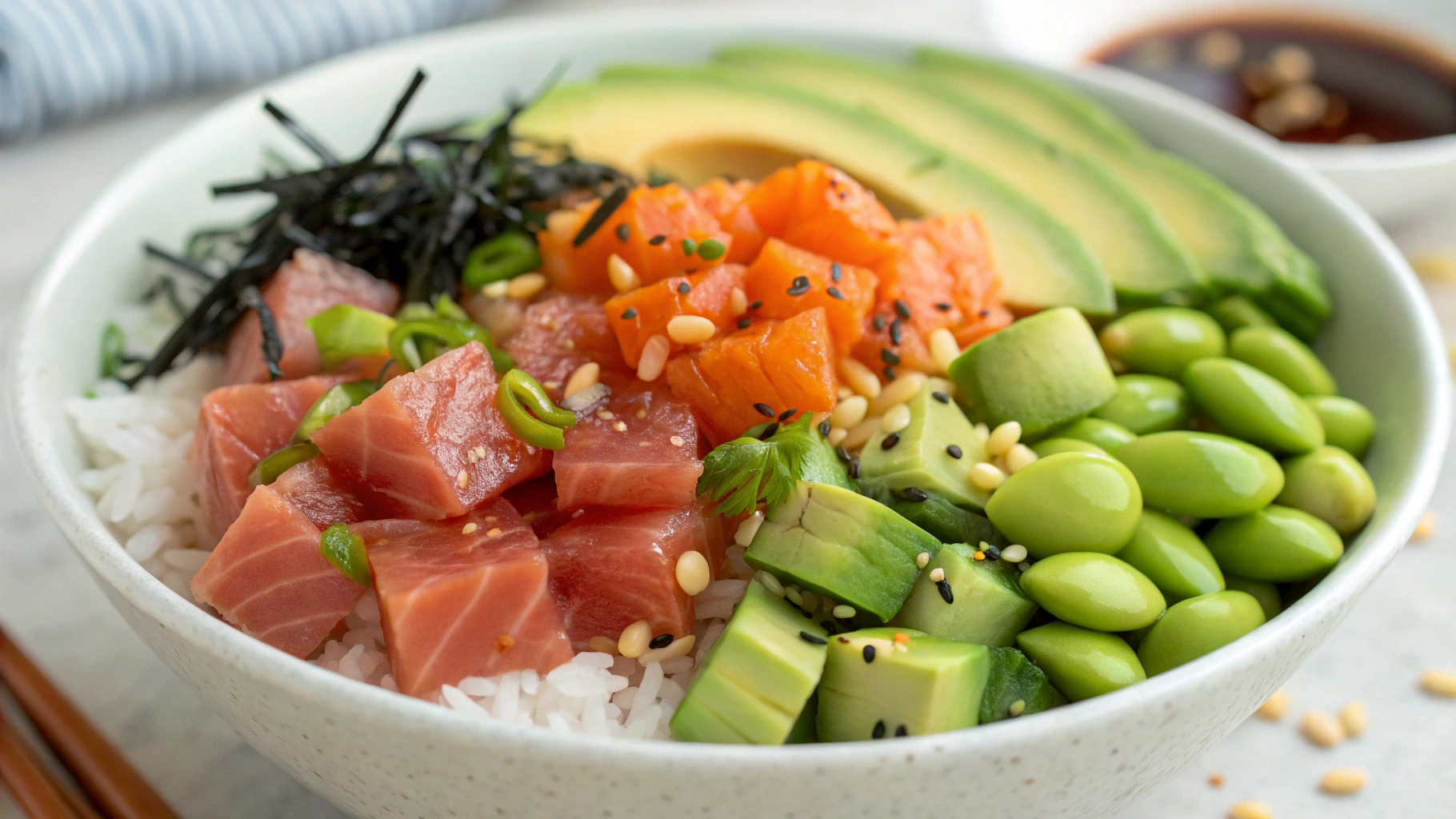 Healthy poke bowl with fresh ingredients like tuna, salmon, avocado, cucumber, and quinoa, showcasing a balanced meal.