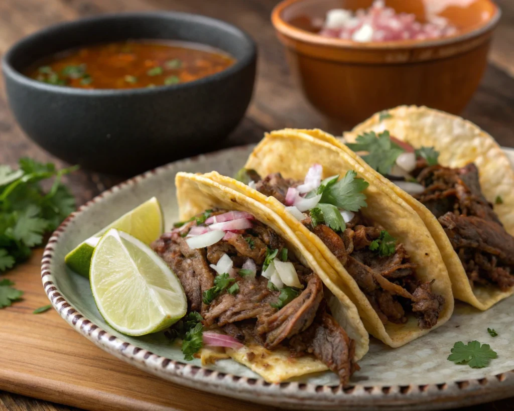 Best meat cuts for birria tacos featuring beef chuck roast and short ribs in crispy tacos, garnished with cilantro, onions, and lime.