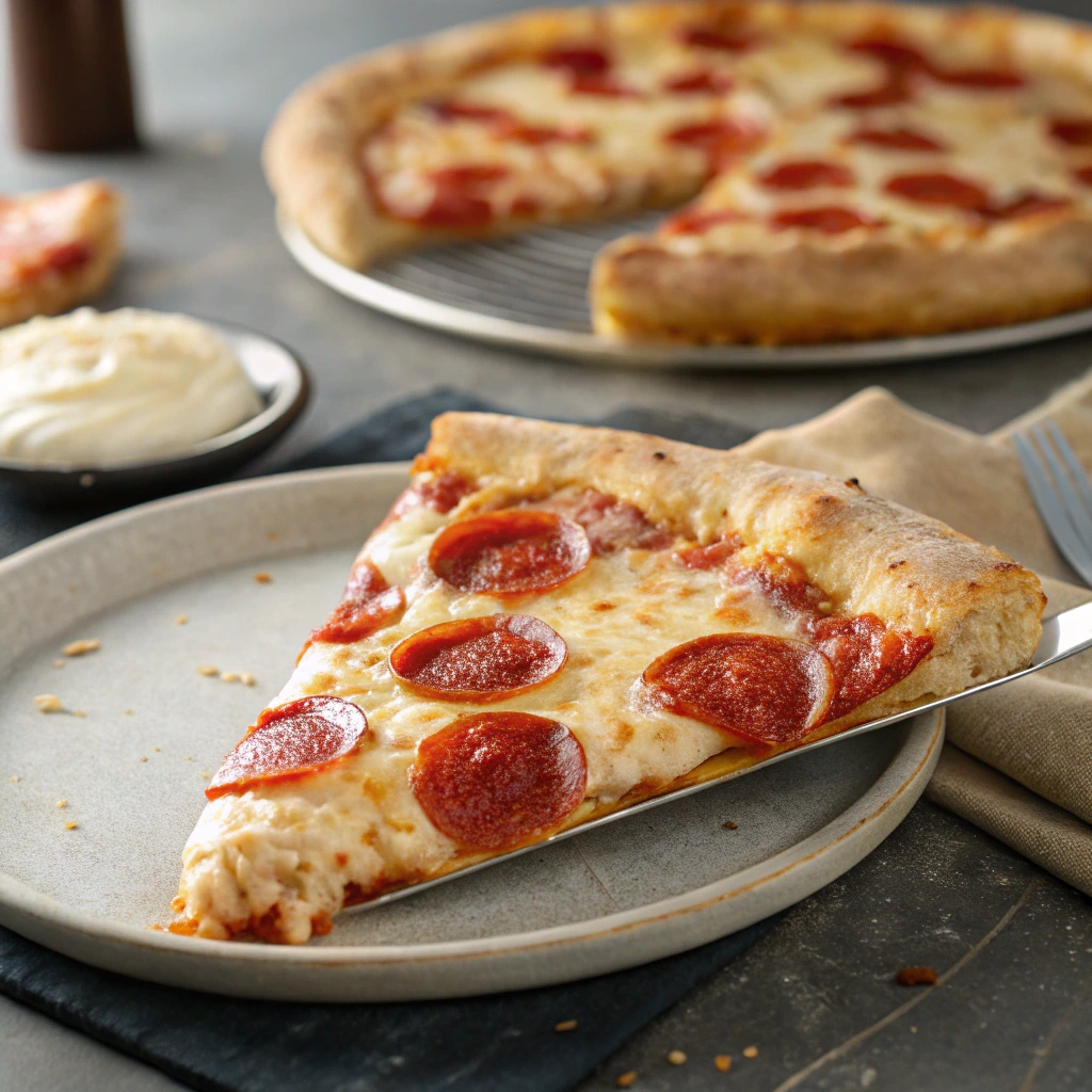 Close-up of Domino's New York-style pizza with foldable crust, pepperoni, and mozzarella.