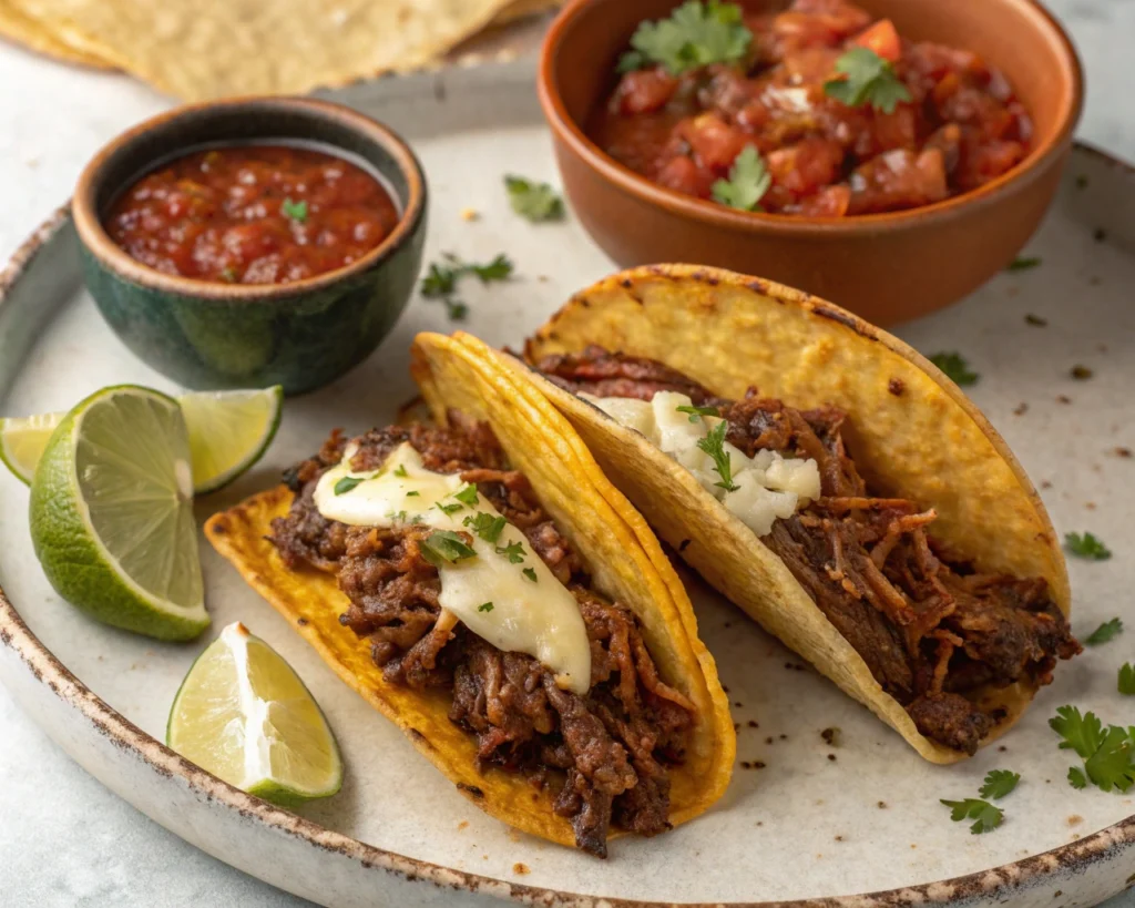 A top-down view of two birria tacos made with shredded pork, melted cheese oozing from inside, and tender pork filling visible, served with salsa and lime wedges.