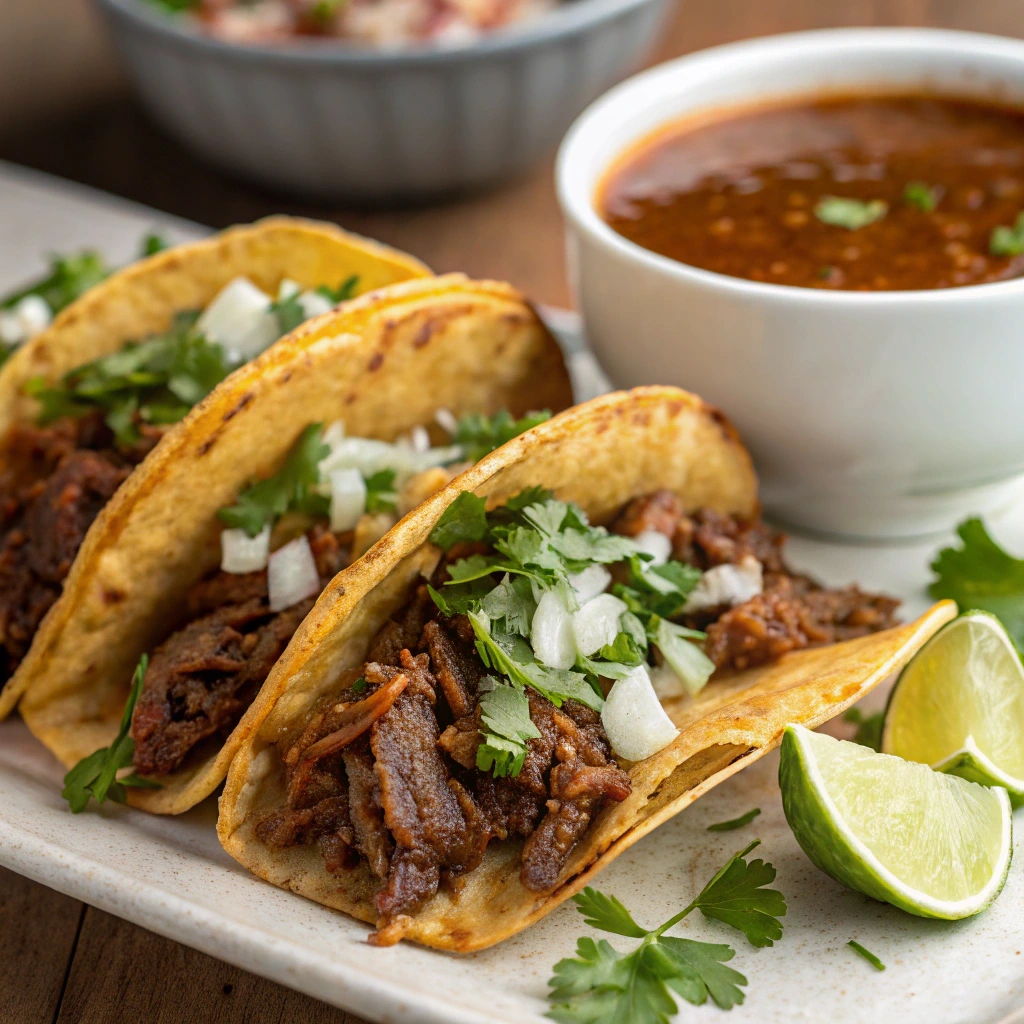 "Crispy birria tacos filled with tender beef or lamb, garnished with fresh cilantro, onions, and lime, served with a side of savory consomé broth for dipping."

