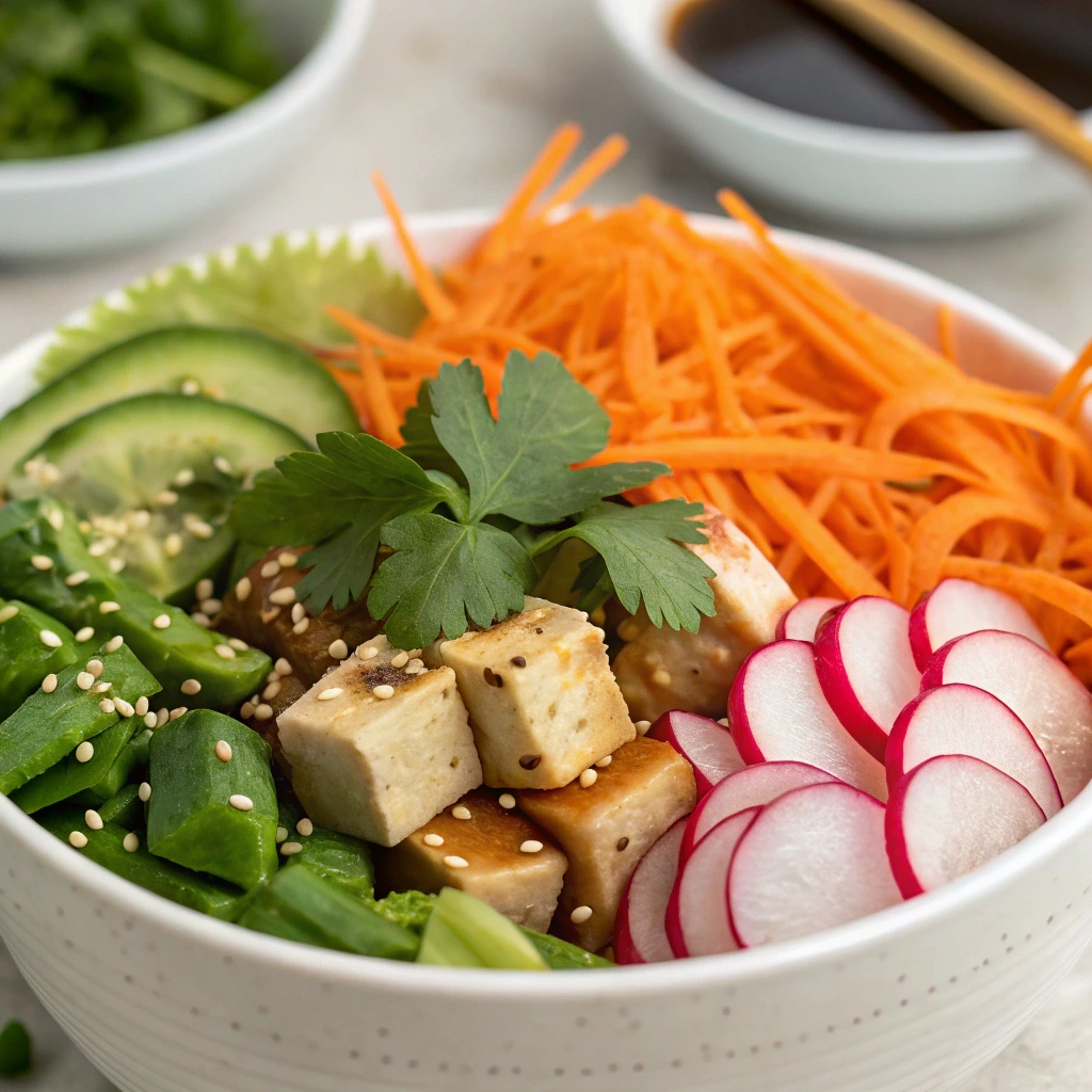 "Healthy poke bowl with fresh tuna, salmon, tofu, avocado, cucumber, edamame, and quinoa"

