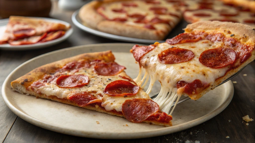 Delicious slice of Domino's New York-style pizza with thin, foldable crust and pepperoni.