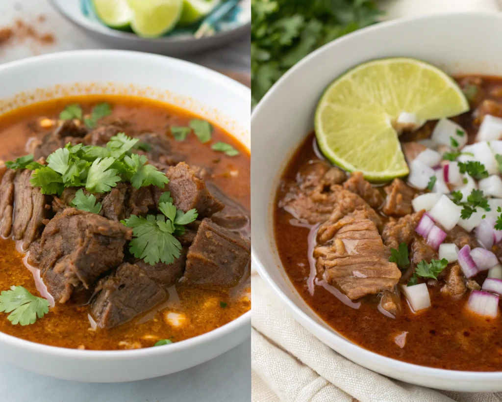 Side-by-side comparison of beef and pork birria served with cilantro and lime.