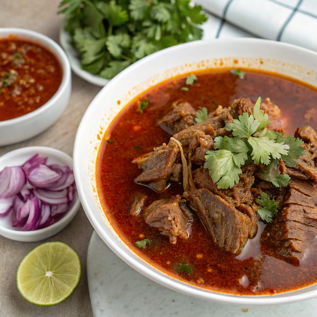 "Slow-cooked birria meat simmering in a flavorful consomé broth, ready to be served with fresh garnishes like cilantro, onions, and lime."

