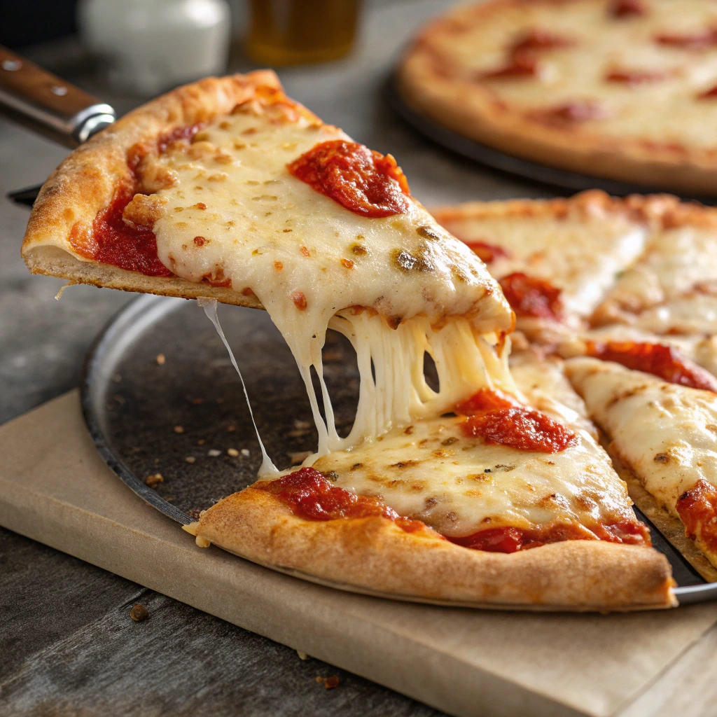 Close-up of a New York-style Domino's pizza slice with crispy crust, melted cheese, and tangy tomato sauce, folded in half.